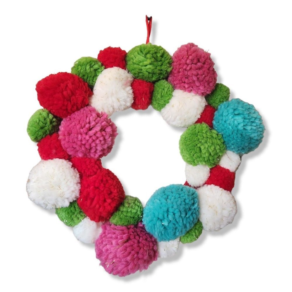 NEW Pom‎ Pom Christmas Wreath Colorful Cheerful 12" Dia. Kid's Room
